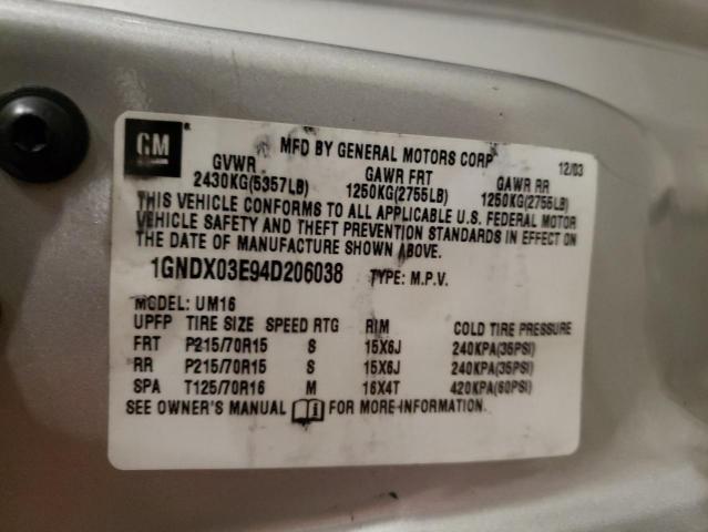 2004 Chevrolet Venture VIN: 1GNDX03E94D206038 Lot: 60094684