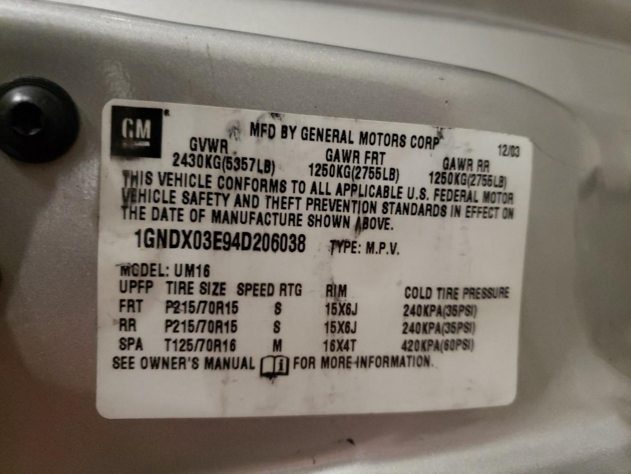 1GNDX03E94D206038 2004 Chevrolet Venture