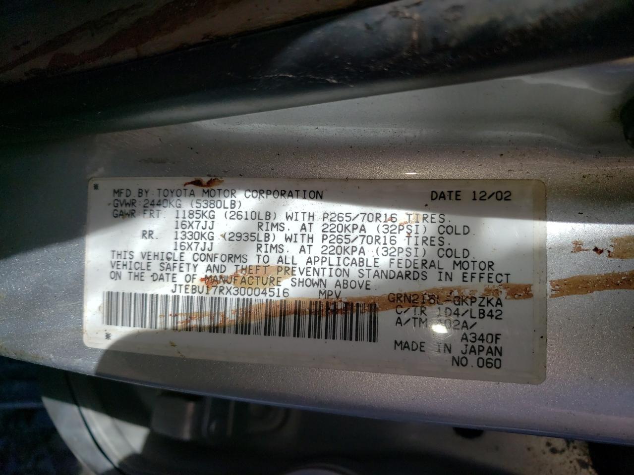 JTEBU17RX30004516 2003 Toyota 4Runner Limited