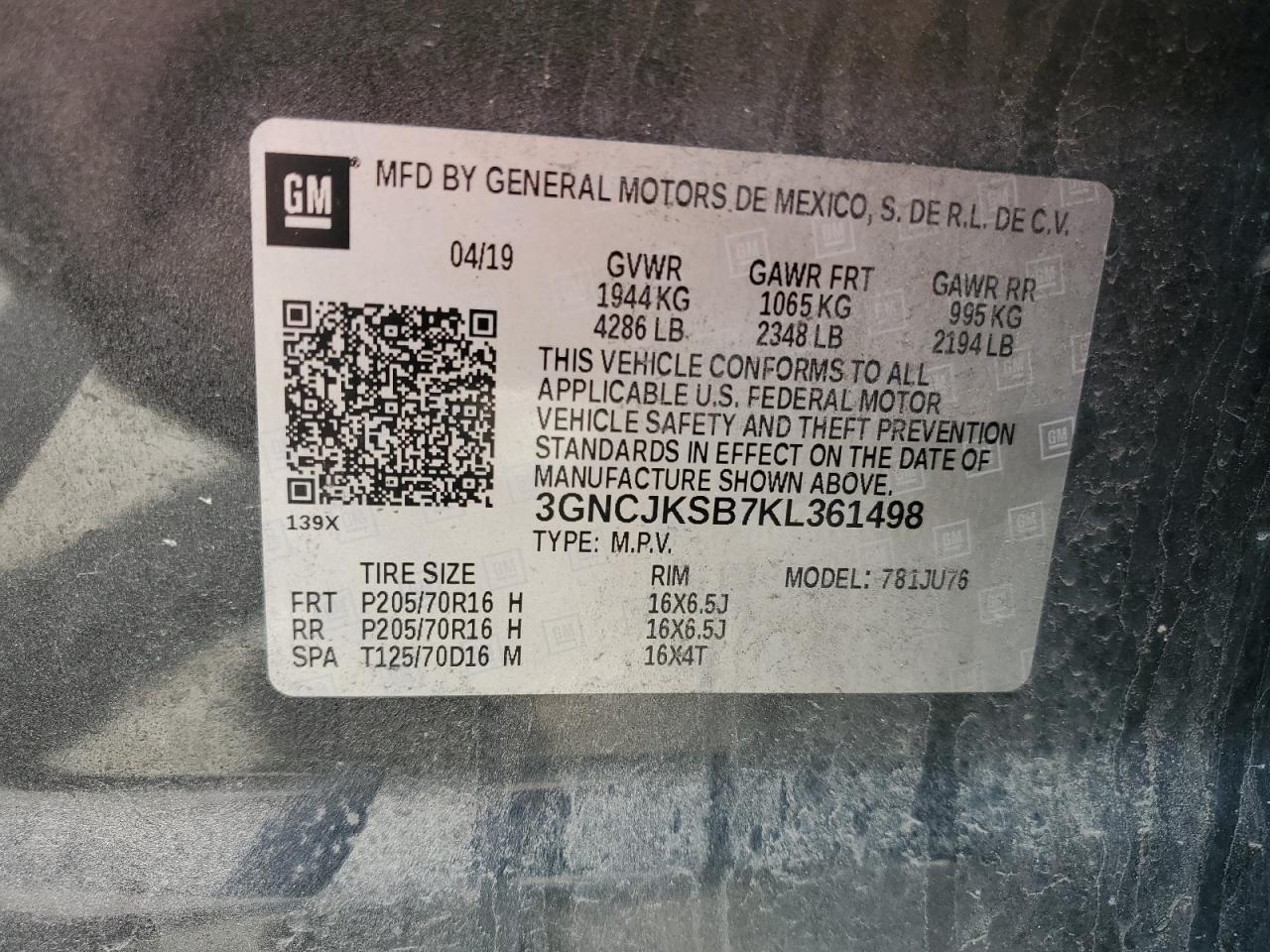 3GNCJKSB7KL361498 2019 Chevrolet Trax Ls