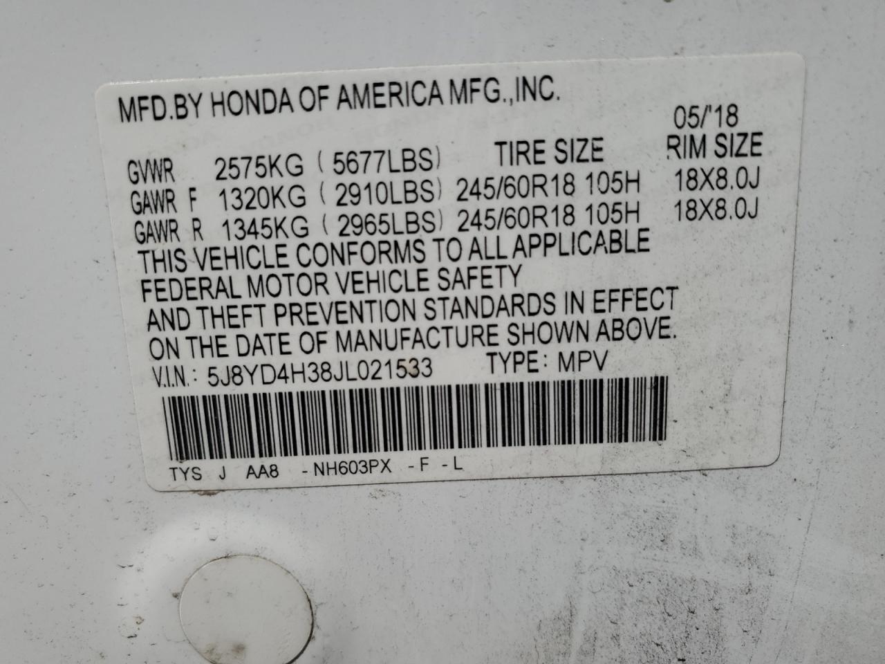 5J8YD4H38JL021533 2018 Acura Mdx