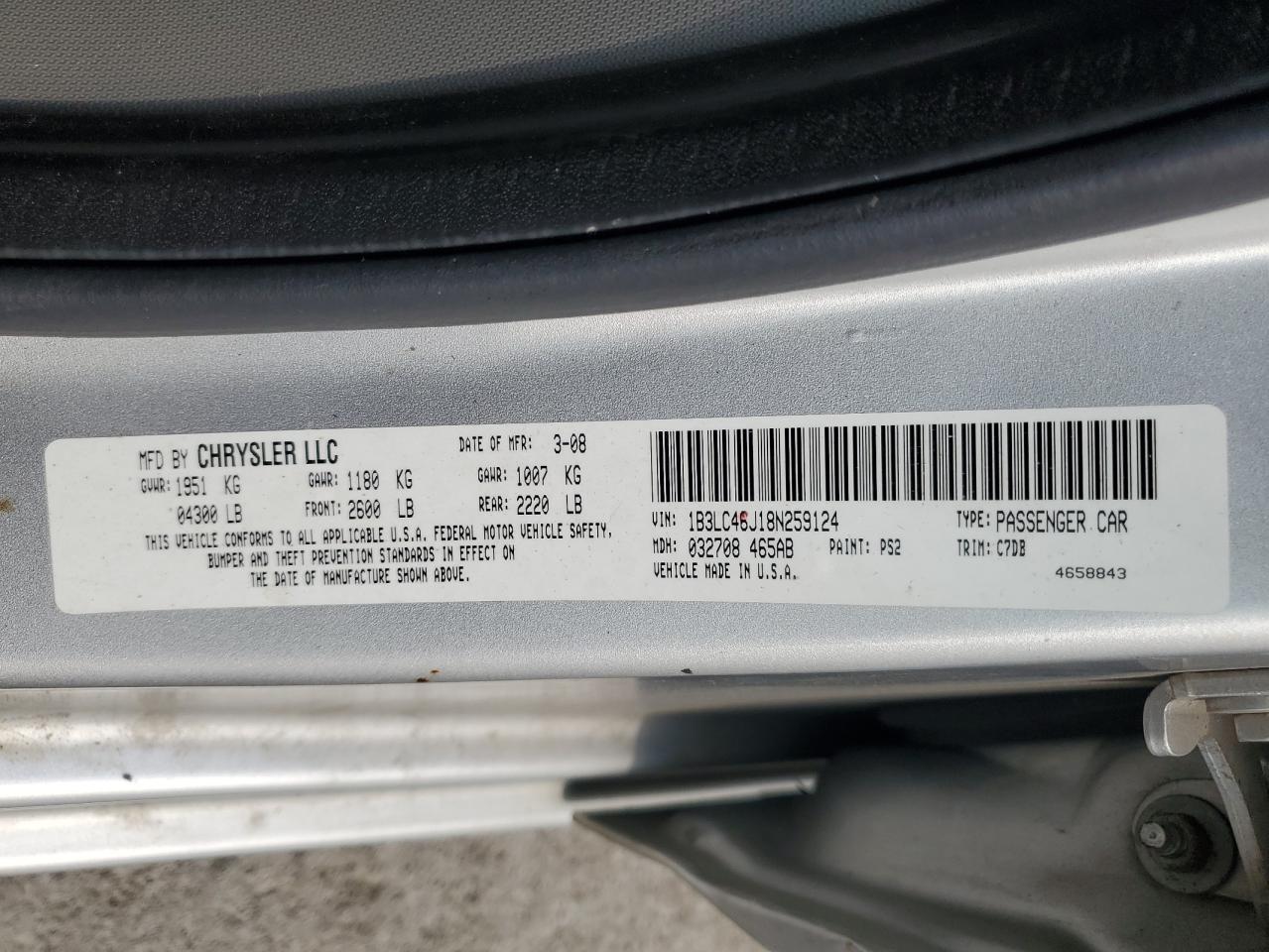 1B3LC46J18N259124 2008 Dodge Avenger Se