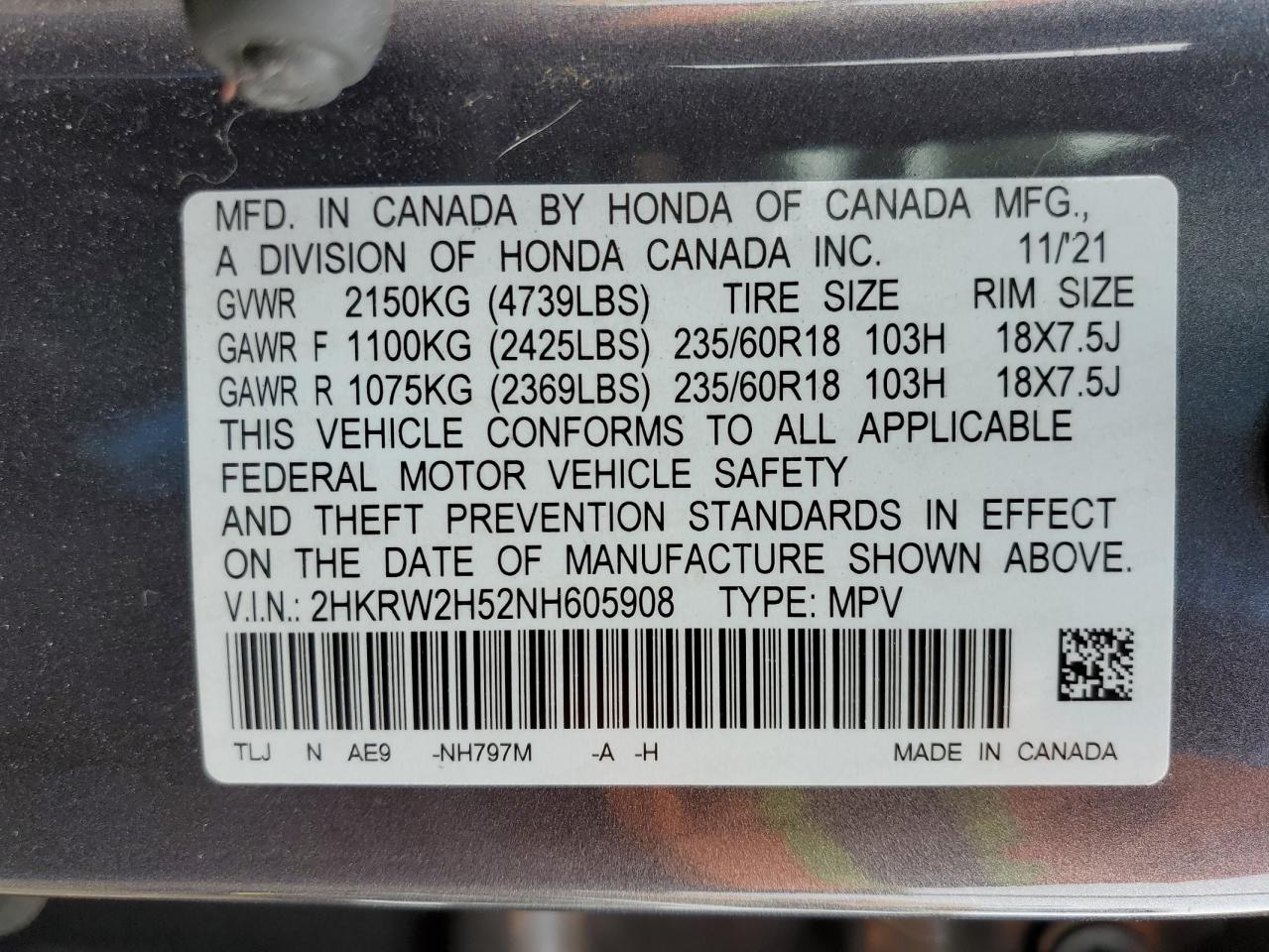 2HKRW2H52NH605908 2022 Honda Cr-V Ex