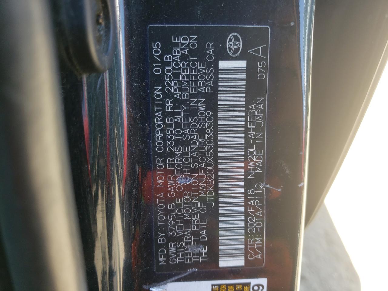 JTDKB20UX53038309 2005 Toyota Prius