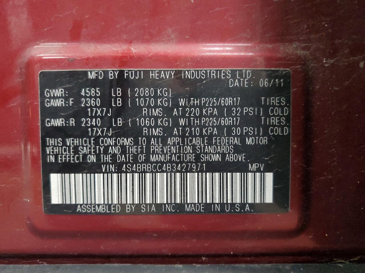 4S4BRBCC4B3427971 2011 Subaru Outback 2.5I Premium