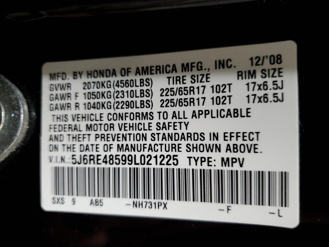 5J6RE48599L021225 2009 Honda Cr-V Ex