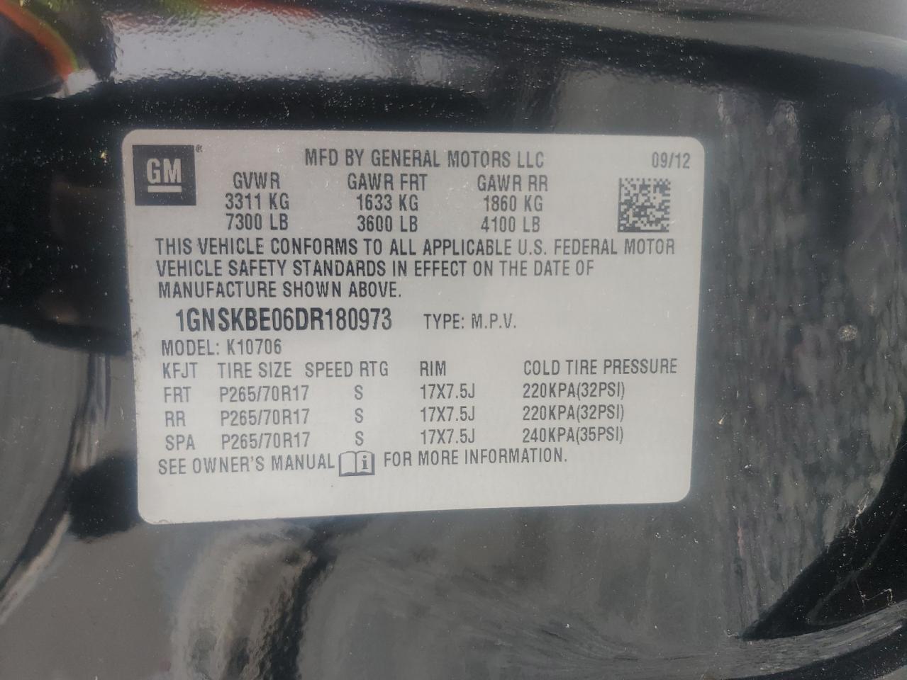 1GNSKBE06DR180973 2013 Chevrolet Tahoe K1500 Lt