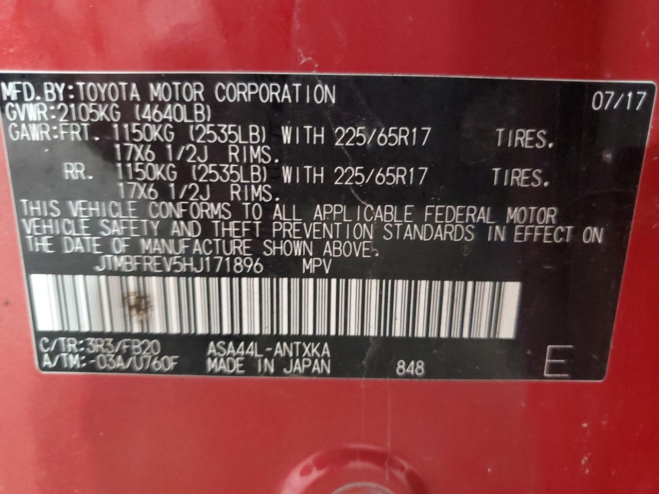 JTMBFREV5HJ171896 2017 Toyota Rav4 Le