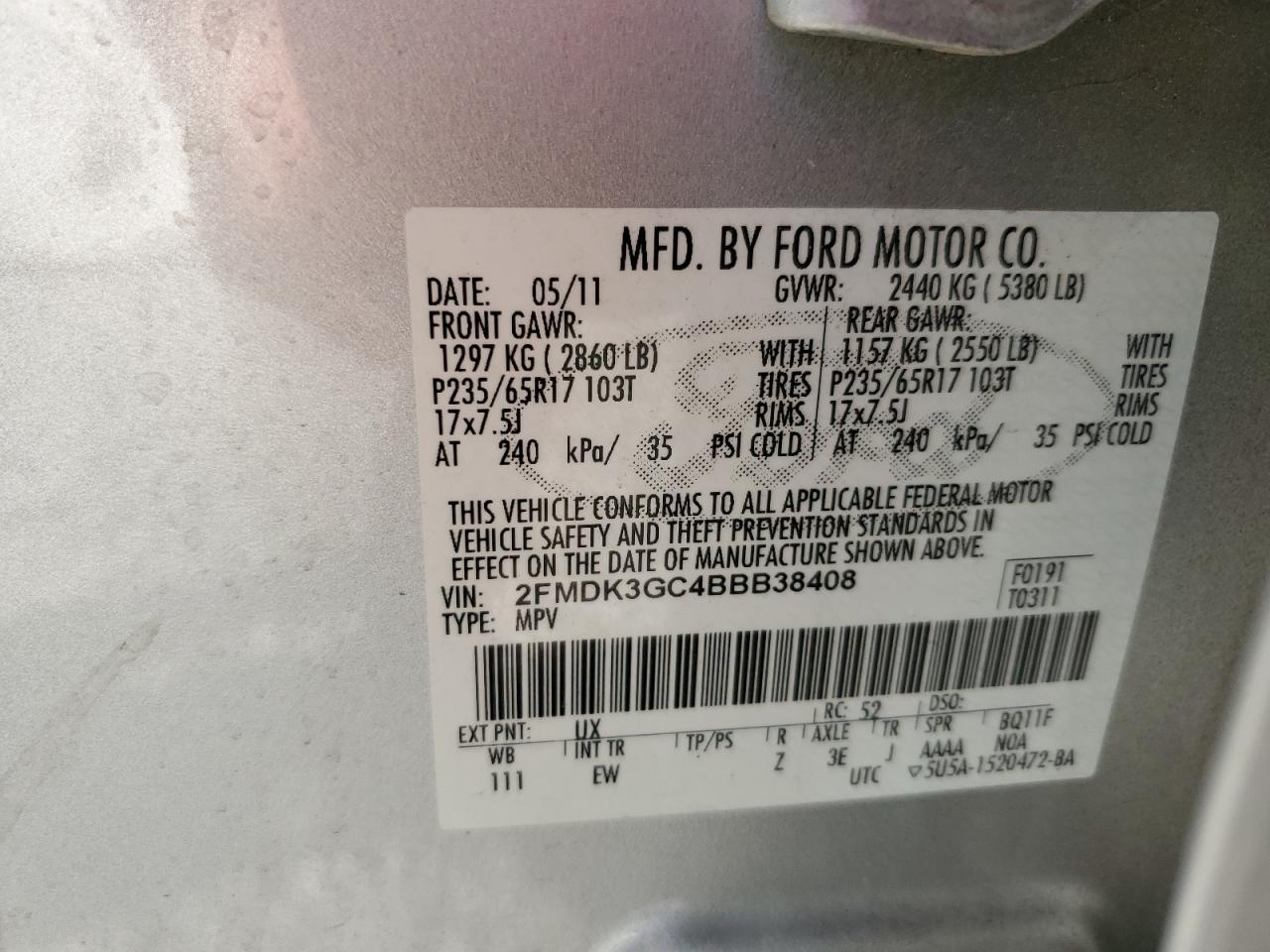 2FMDK3GC4BBB38408 2011 Ford Edge Se