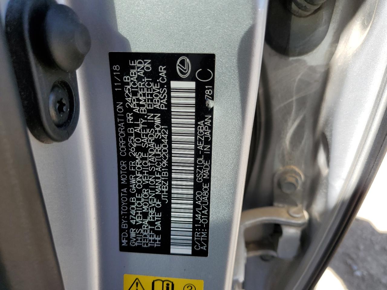 JTHBZ1B19K2004421 2019 Lexus Es 350