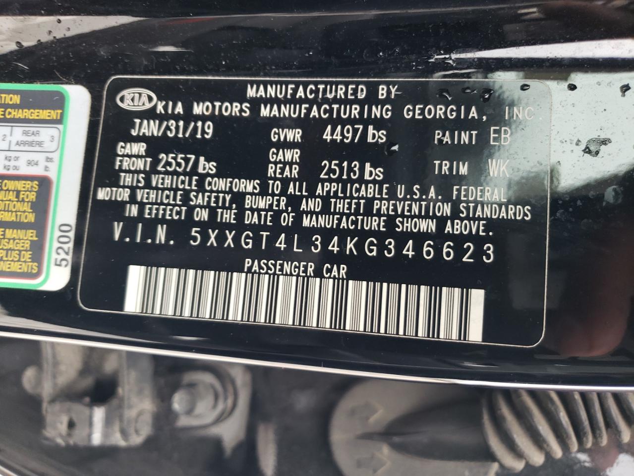 5XXGT4L34KG346623 2019 Kia Optima Lx