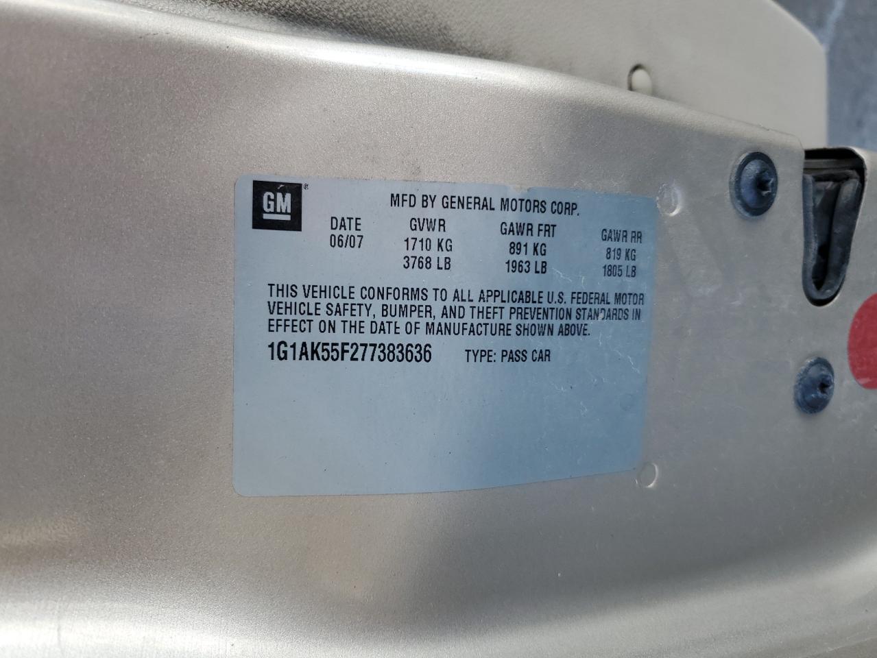 1G1AK55F277383636 2007 Chevrolet Cobalt Ls