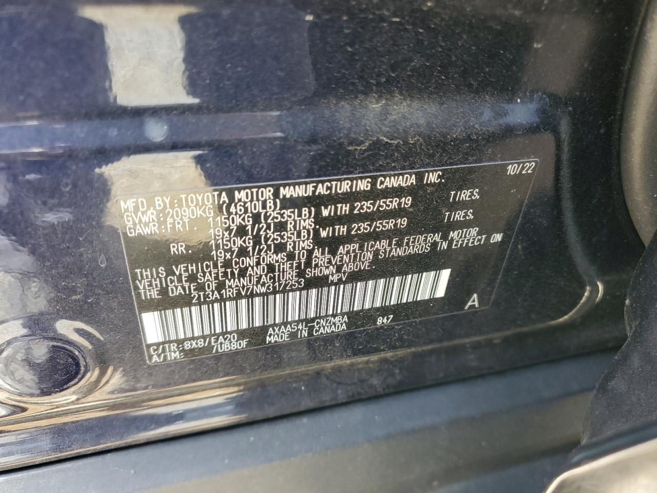 2T3A1RFV7NW317253 2022 Toyota Rav4 Xle Premium