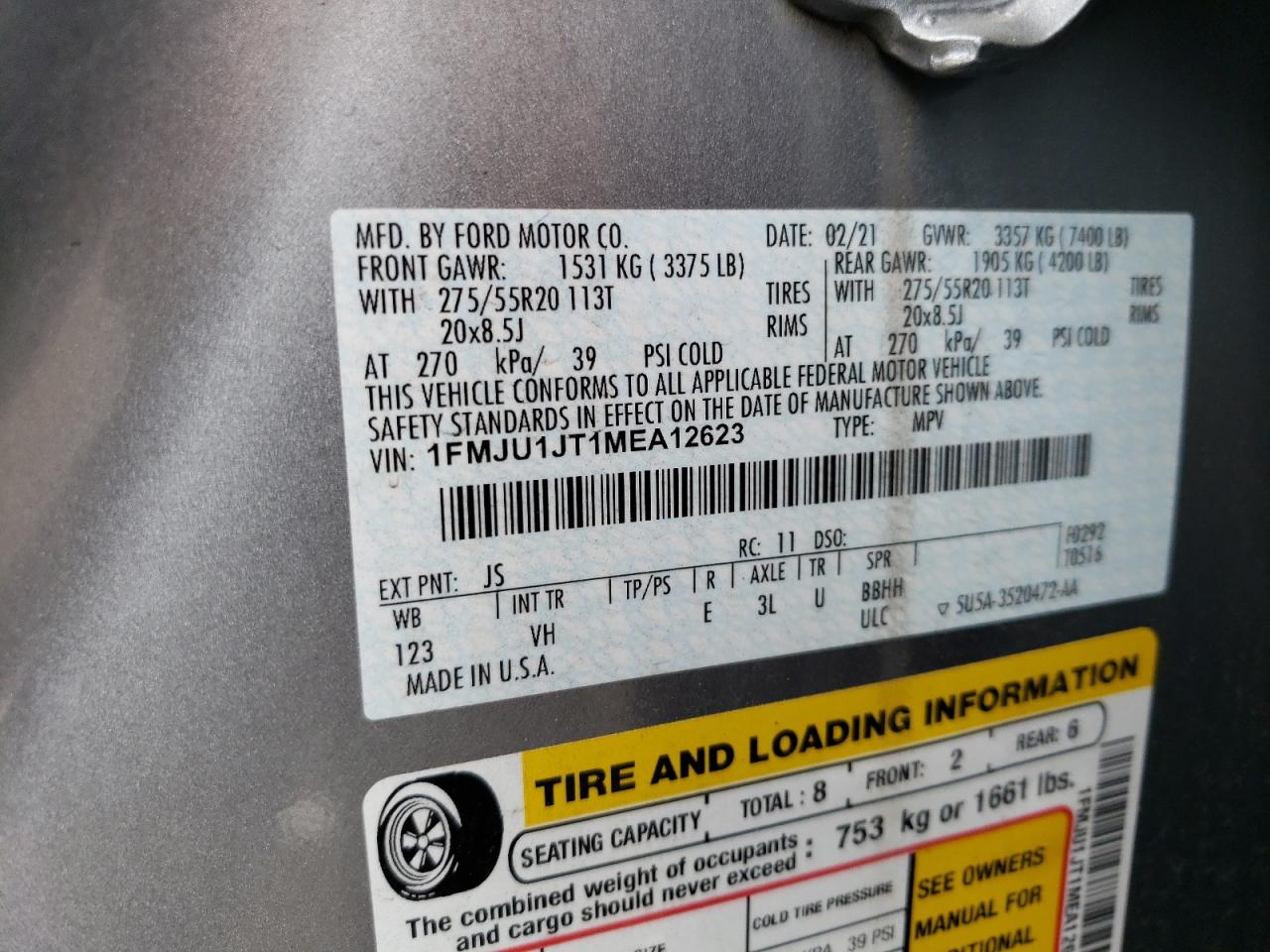 1FMJU1JT1MEA12623 2021 Ford Expedition Xlt