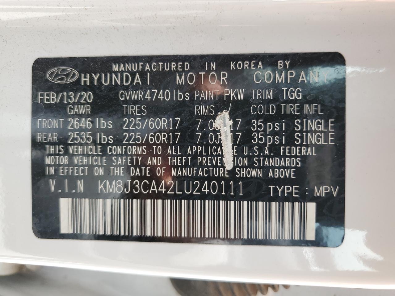 KM8J3CA42LU240111 2020 Hyundai Tucson Limited