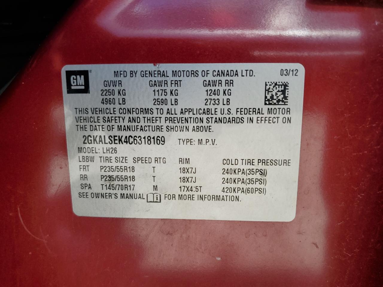 2GKALSEK4C6318169 2012 GMC Terrain Sle