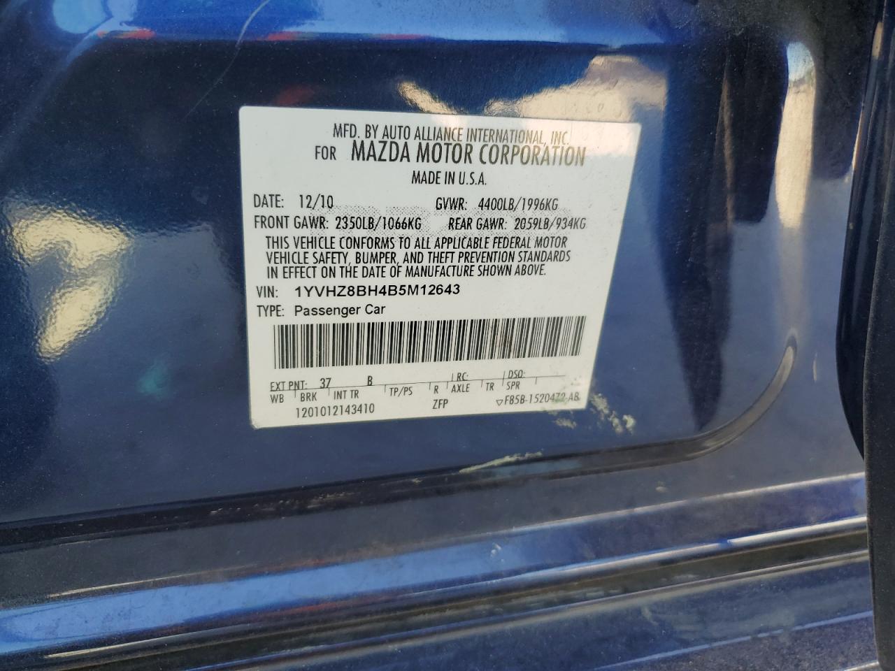 1YVHZ8BH4B5M12643 2011 Mazda 6 I