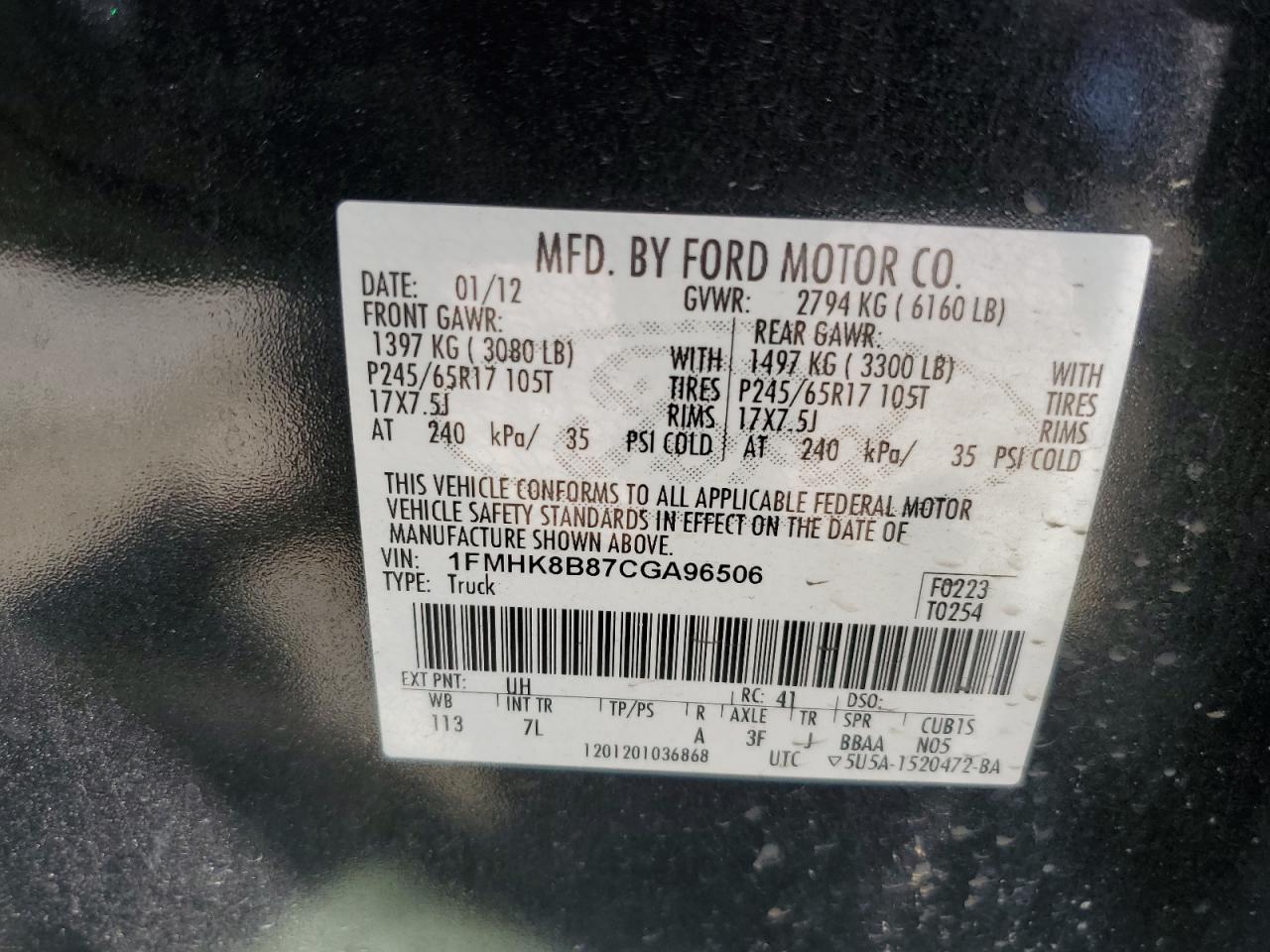 1FMHK8B87CGA96506 2012 Ford Explorer