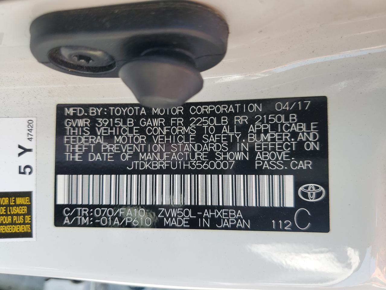 JTDKBRFU1H3560007 2017 Toyota Prius