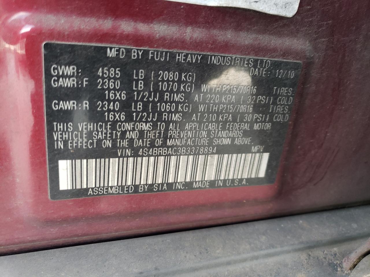 4S4BRBAC3B3378894 2011 Subaru Outback 2.5I