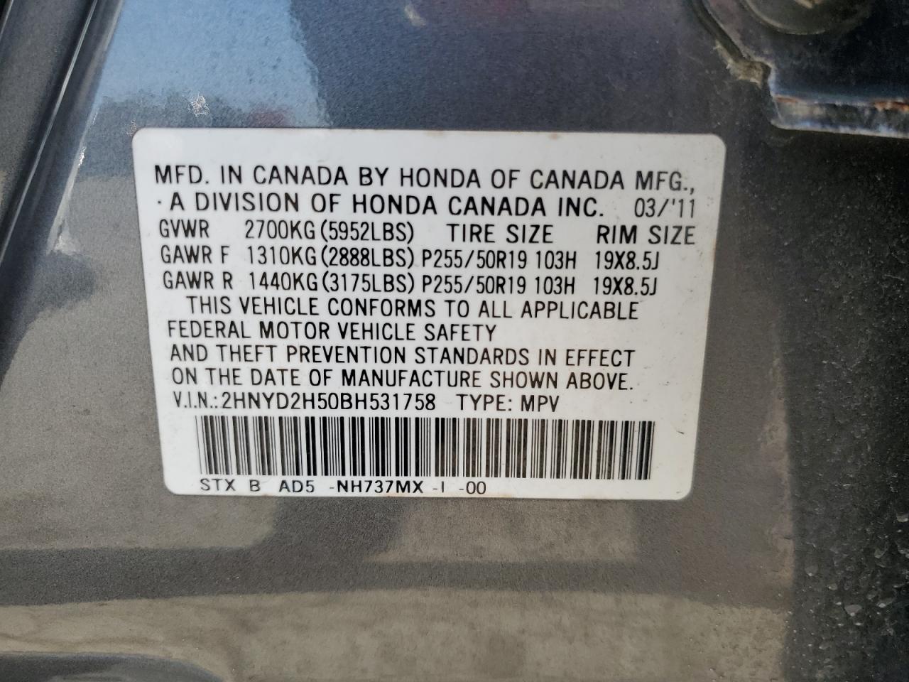2HNYD2H50BH531758 2011 Acura Mdx Advance