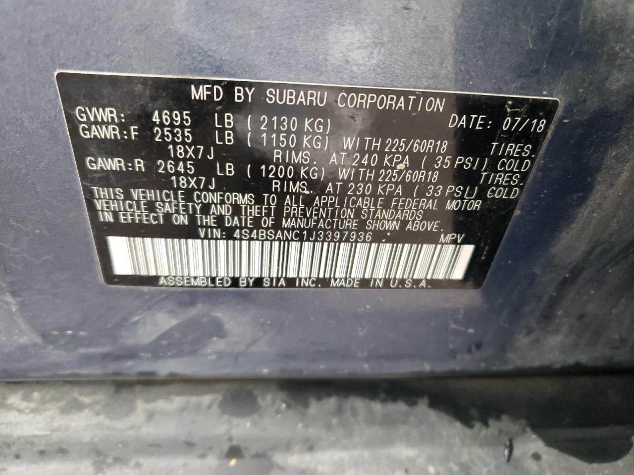 4S4BSANC1J3397936 2018 Subaru Outback 2.5I Limited