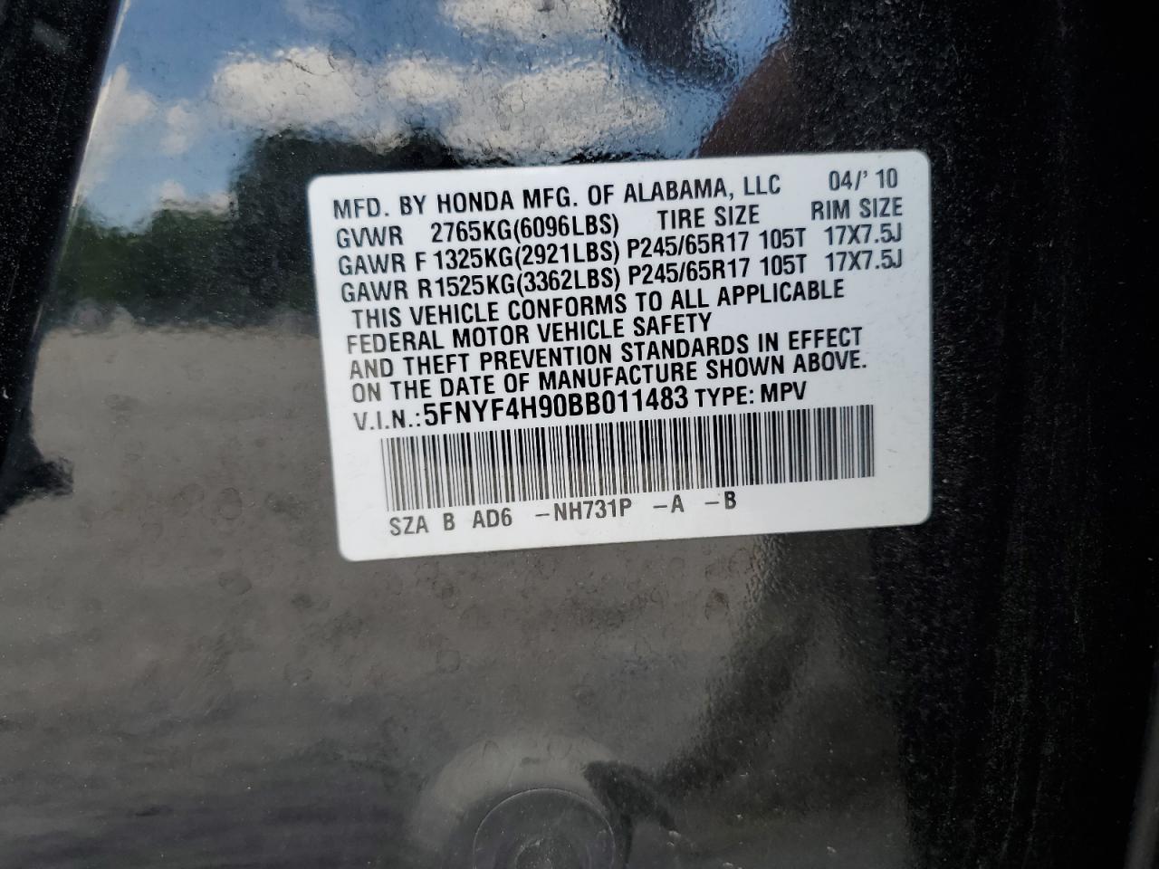 5FNYF4H90BB011483 2011 Honda Pilot Touring