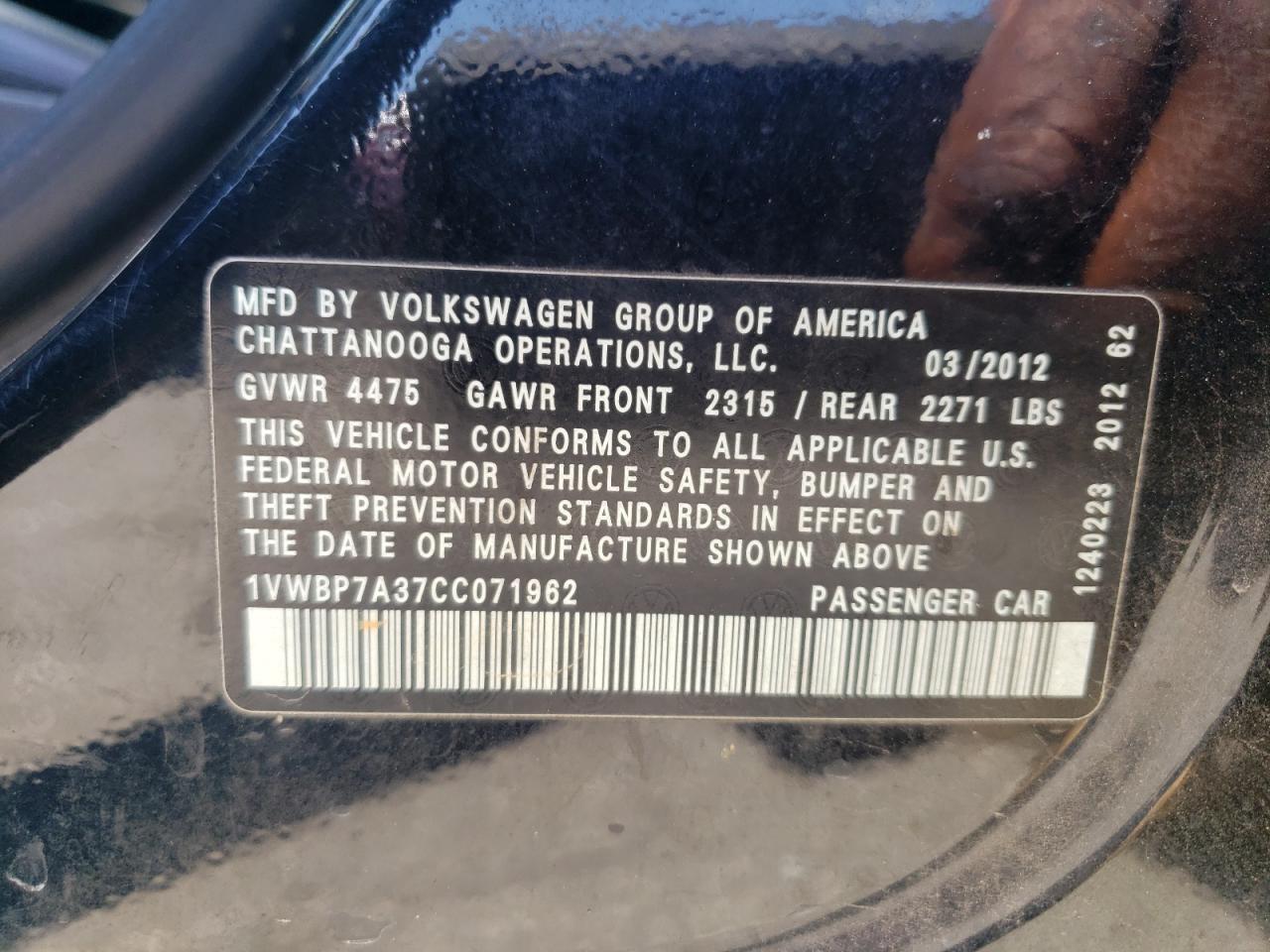 1VWBP7A37CC071962 2012 Volkswagen Passat Se