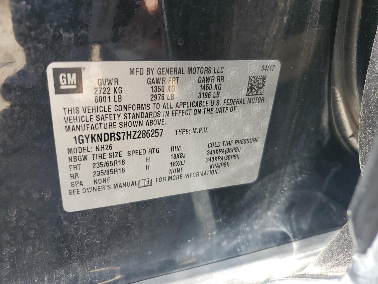 1GYKNDRS7HZ286257 2017 Cadillac Xt5 Luxury