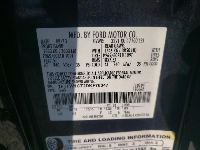 2013 Ford F150 Supercrew VIN: 1FTFW1CT2DKF76347 Lot: 60283904