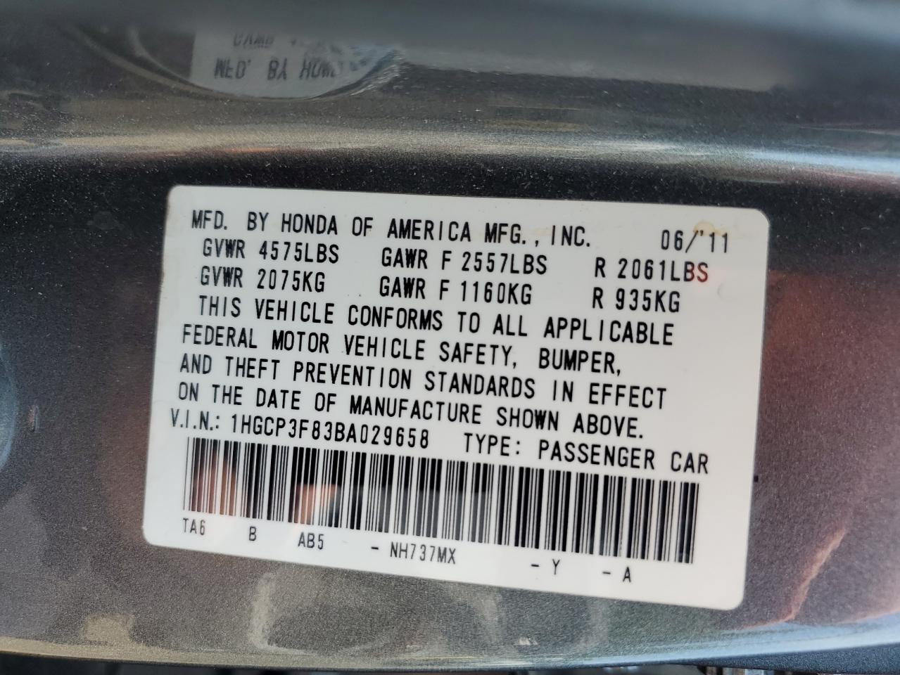 1HGCP3F83BA029658 2011 Honda Accord Exl