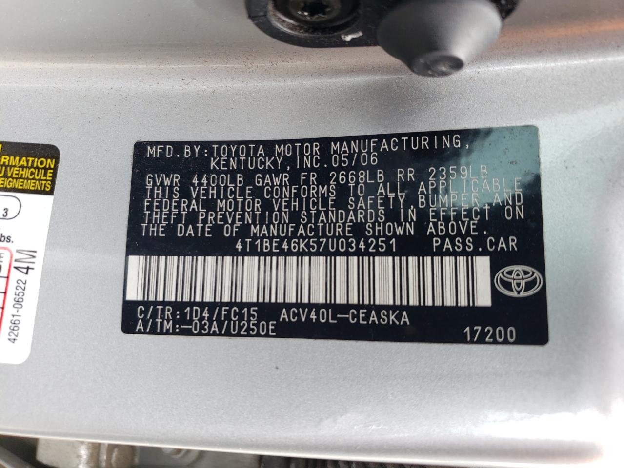 4T1BE46K57U034251 2007 Toyota Camry Ce