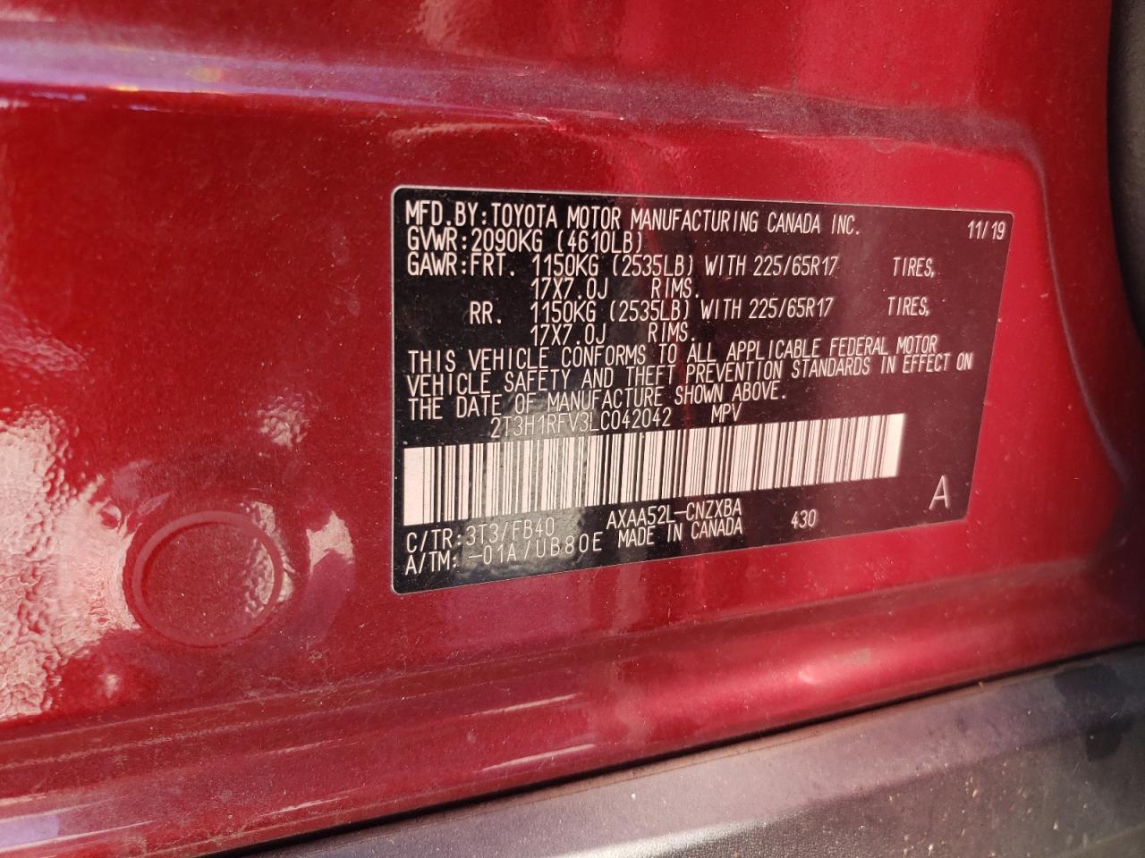 2T3H1RFV3LC042042 2020 Toyota Rav4 Le