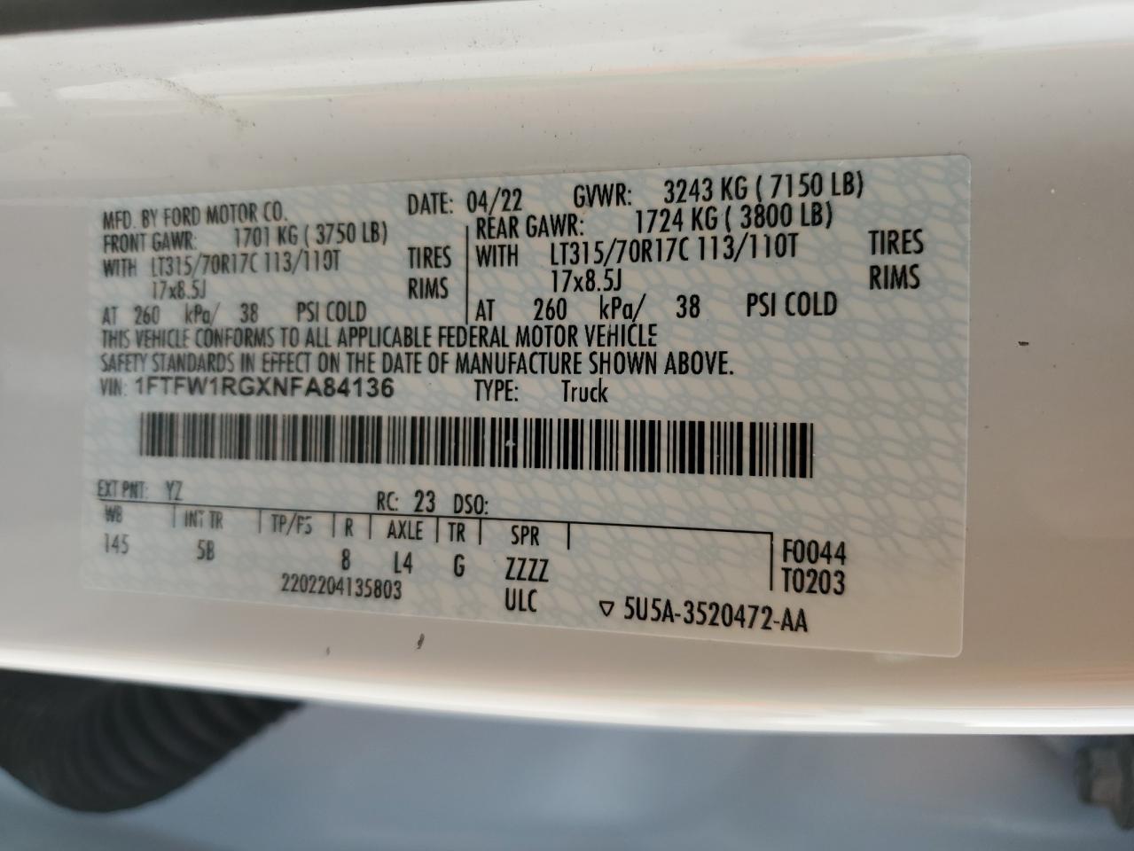 1FTFW1RGXNFA84136 2022 Ford F150 Raptor