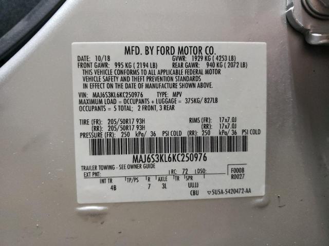 2019 Ford Ecosport Titanium VIN: MAJ6S3KL6KC250976 Lot: 57616024