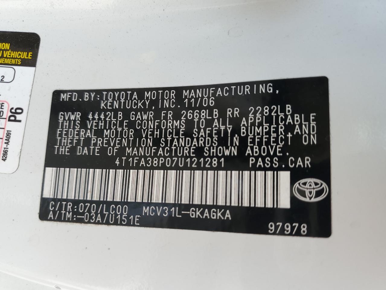 4T1FA38P07U121281 2007 Toyota Camry Solara Se