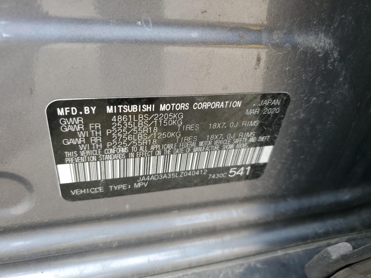 JA4AD3A35LZ040412 2020 Mitsubishi Outlander Se