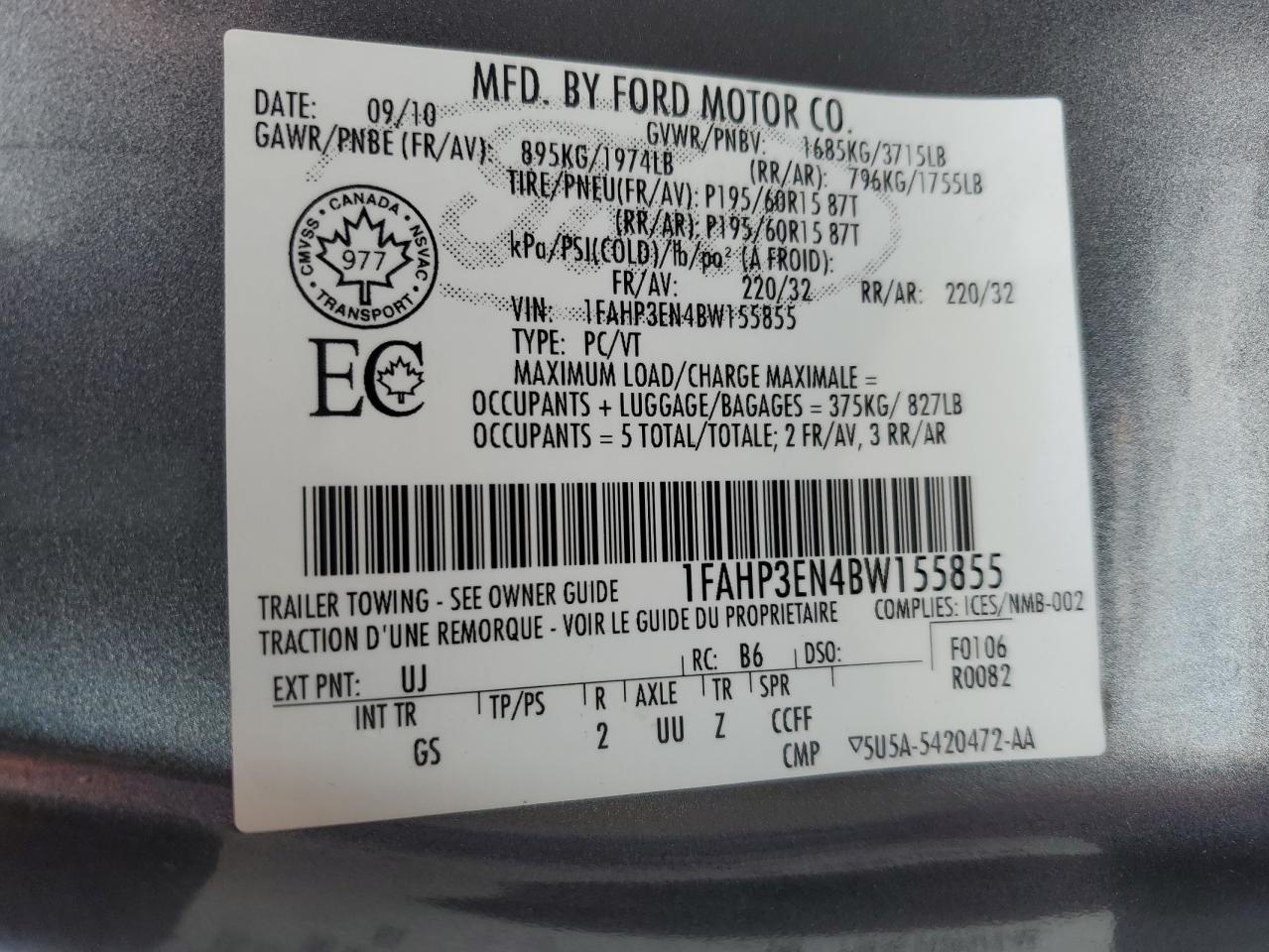 1FAHP3EN4BW155855 2011 Ford Focus S