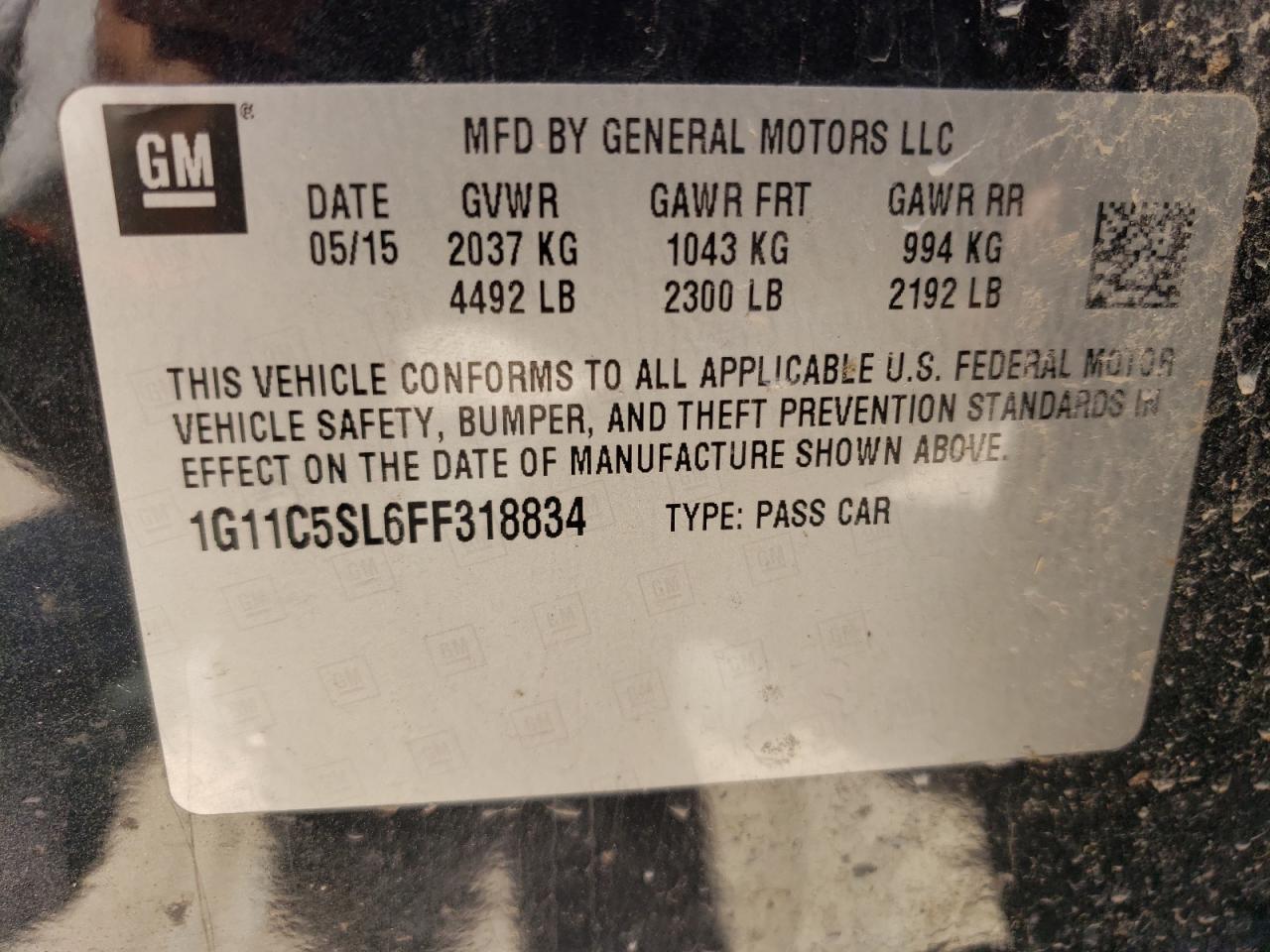 1G11C5SL6FF318834 2015 Chevrolet Malibu 1Lt
