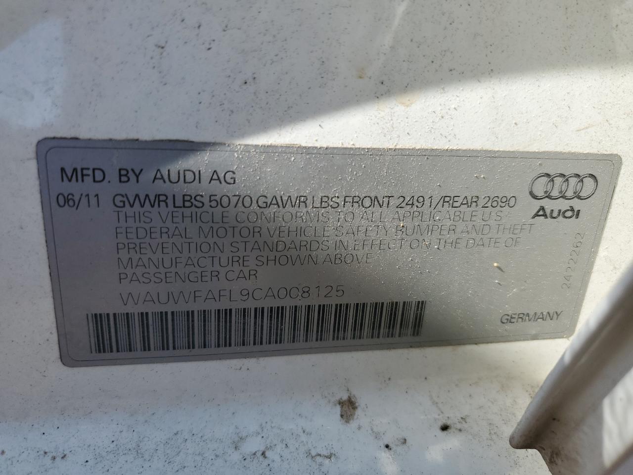 WAUWFAFL9CA008125 2012 Audi A4 Premium Plus