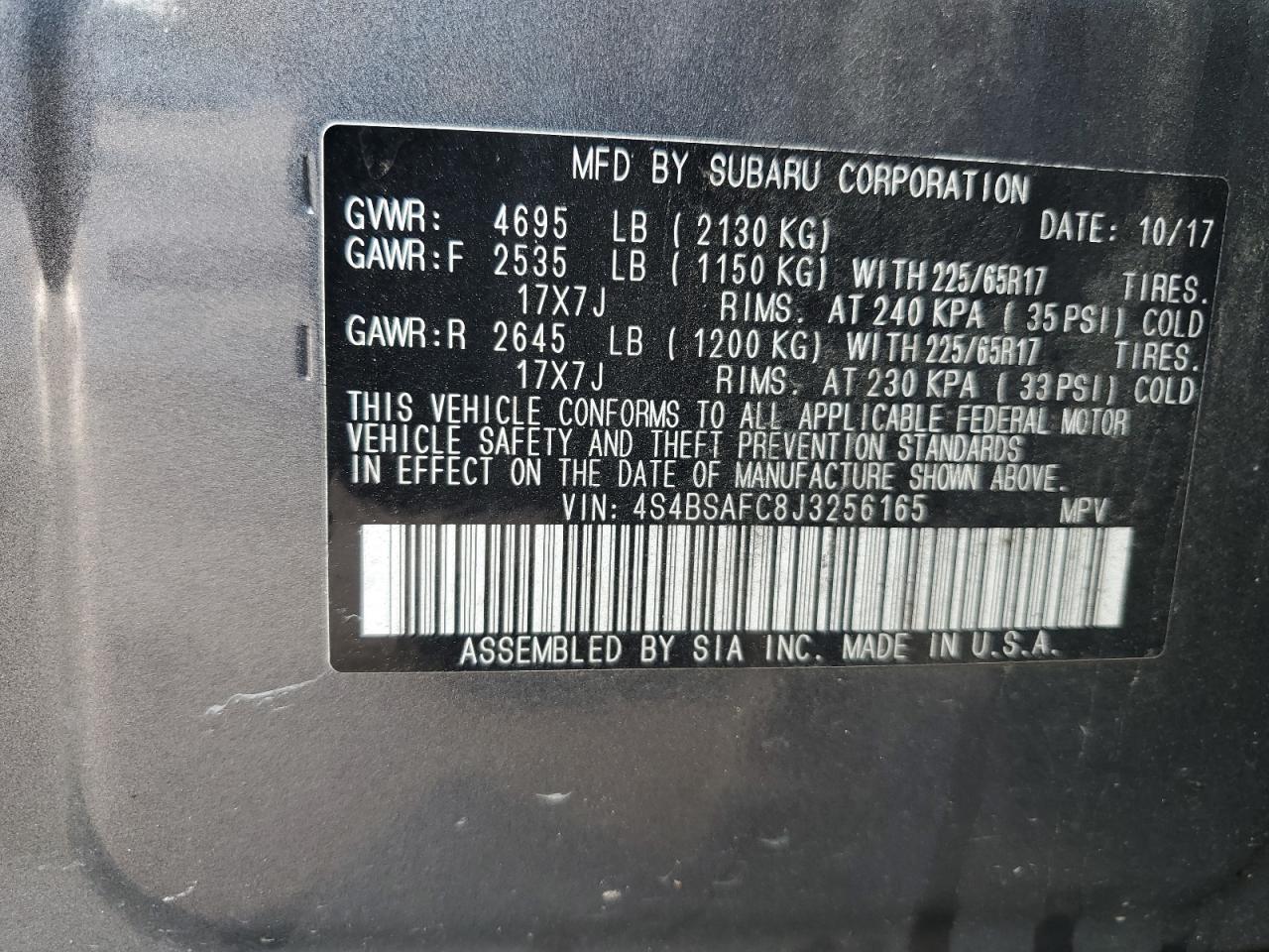 4S4BSAFC8J3256165 2018 Subaru Outback 2.5I Premium