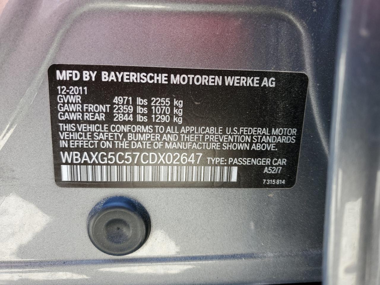 WBAXG5C57CDX02647 2012 BMW 528 I
