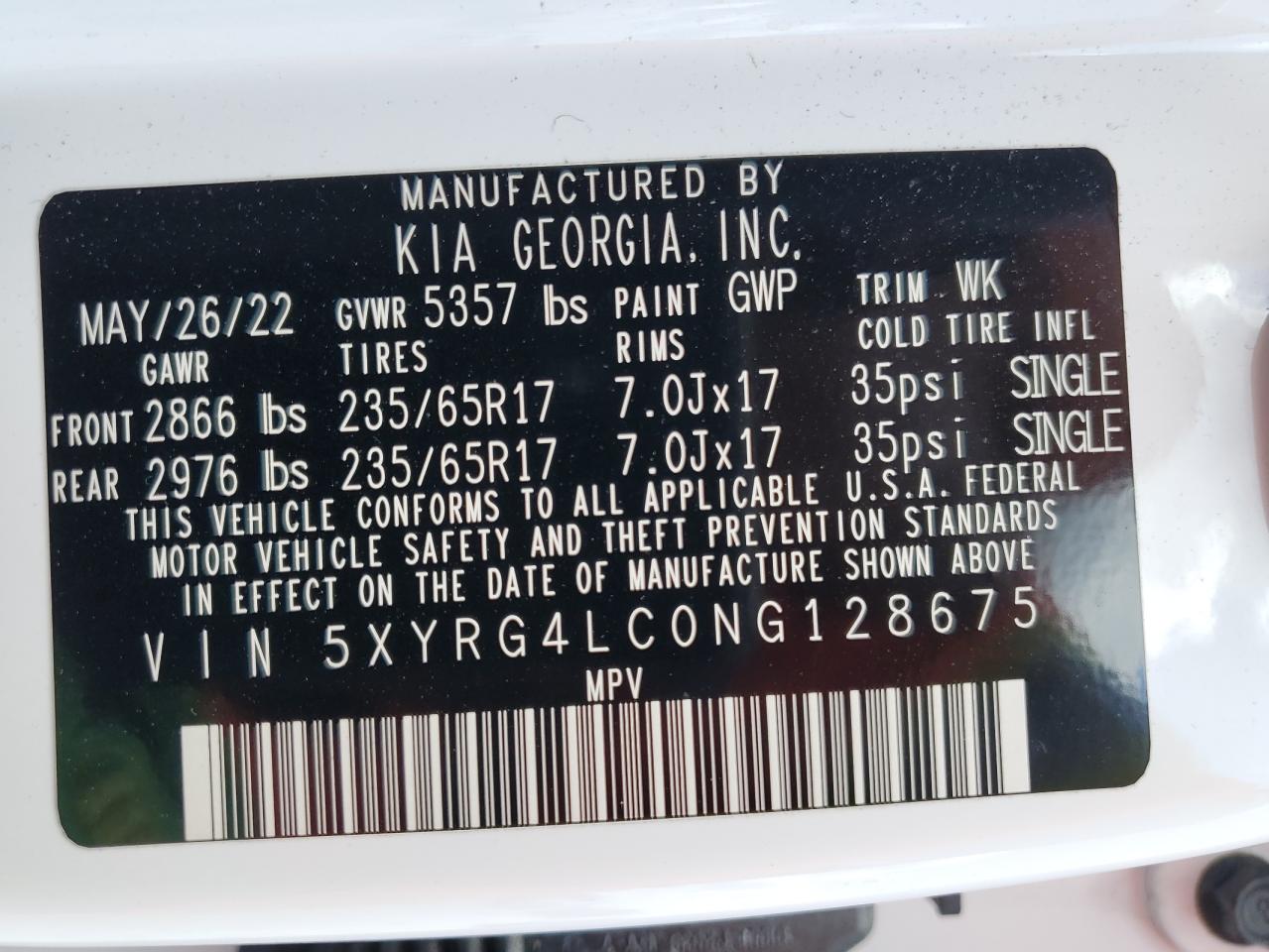 5XYRG4LC0NG128675 2022 Kia Sorento Lx