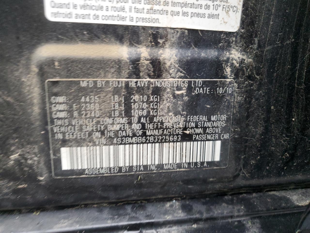 4S3BMBB62B3225693 2011 Subaru Legacy 2.5I Premium