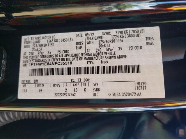 2022 Ford F150 Supercrew VIN: 1FTFW1E84NFC35518 Lot: 58145494