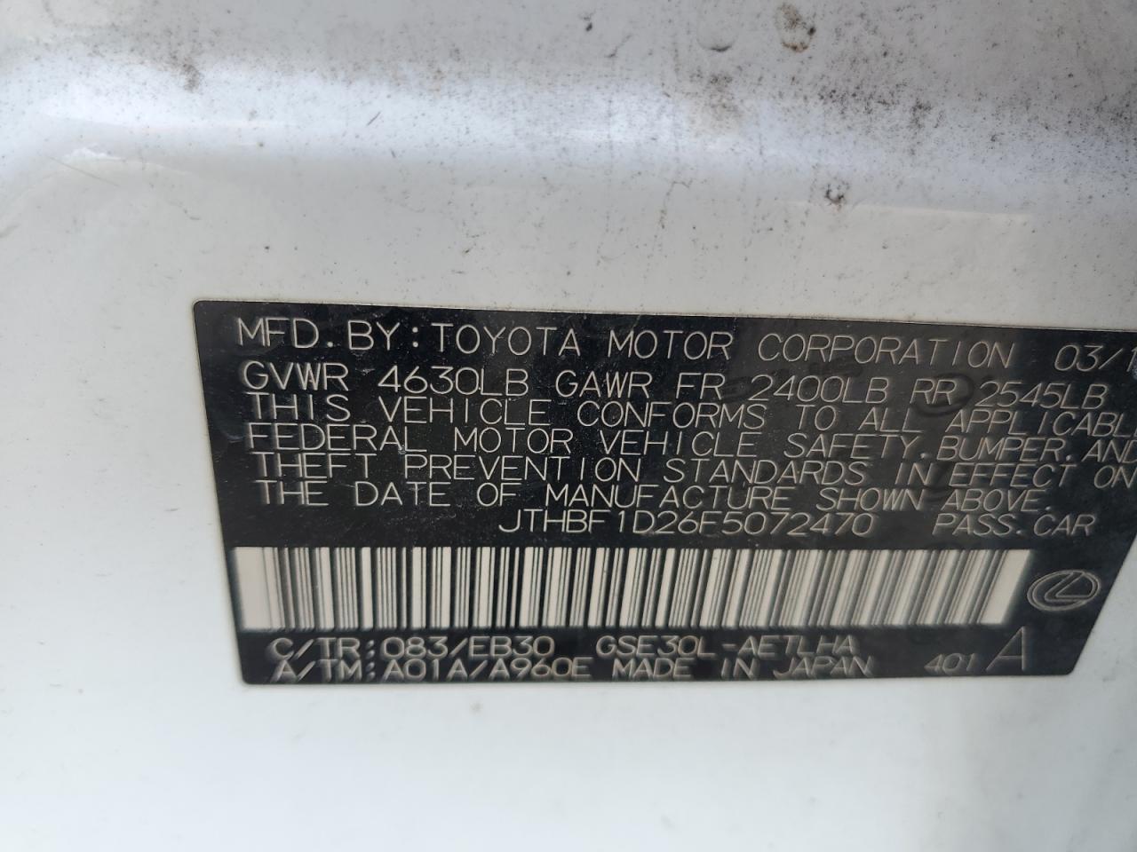 JTHBF1D26F5072470 2015 Lexus Is 250