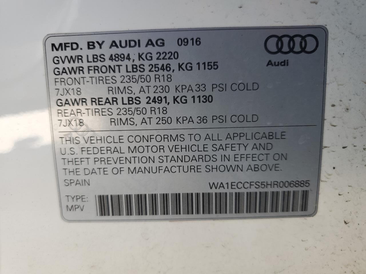 WA1ECCFS5HR006885 2017 Audi Q3 Premium