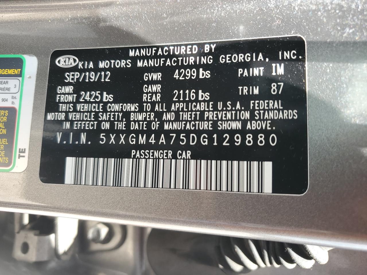 2013 Kia Optima Lx vin: 5XXGM4A75DG129880