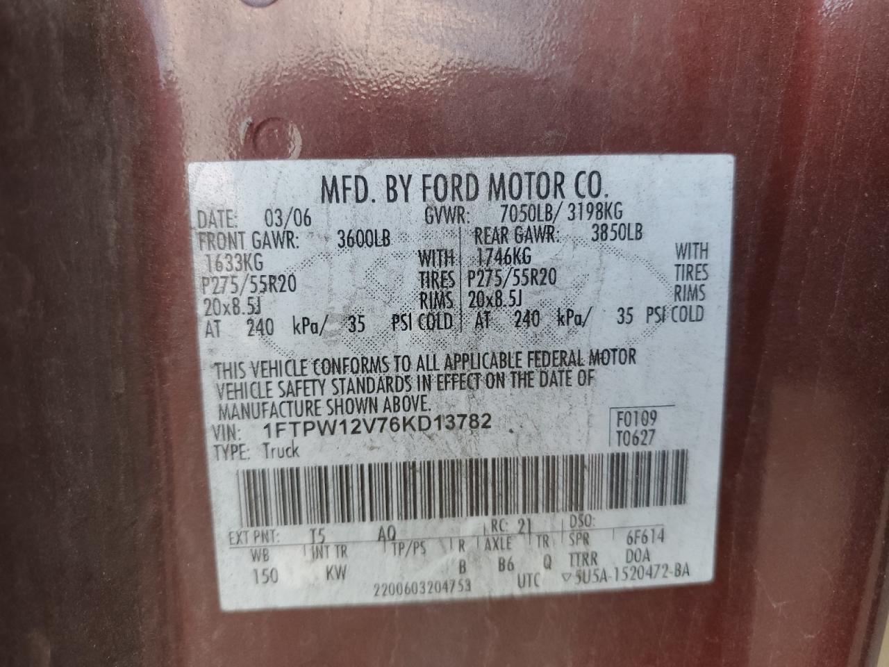 1FTPW12V76KD13782 2006 Ford F150 Supercrew