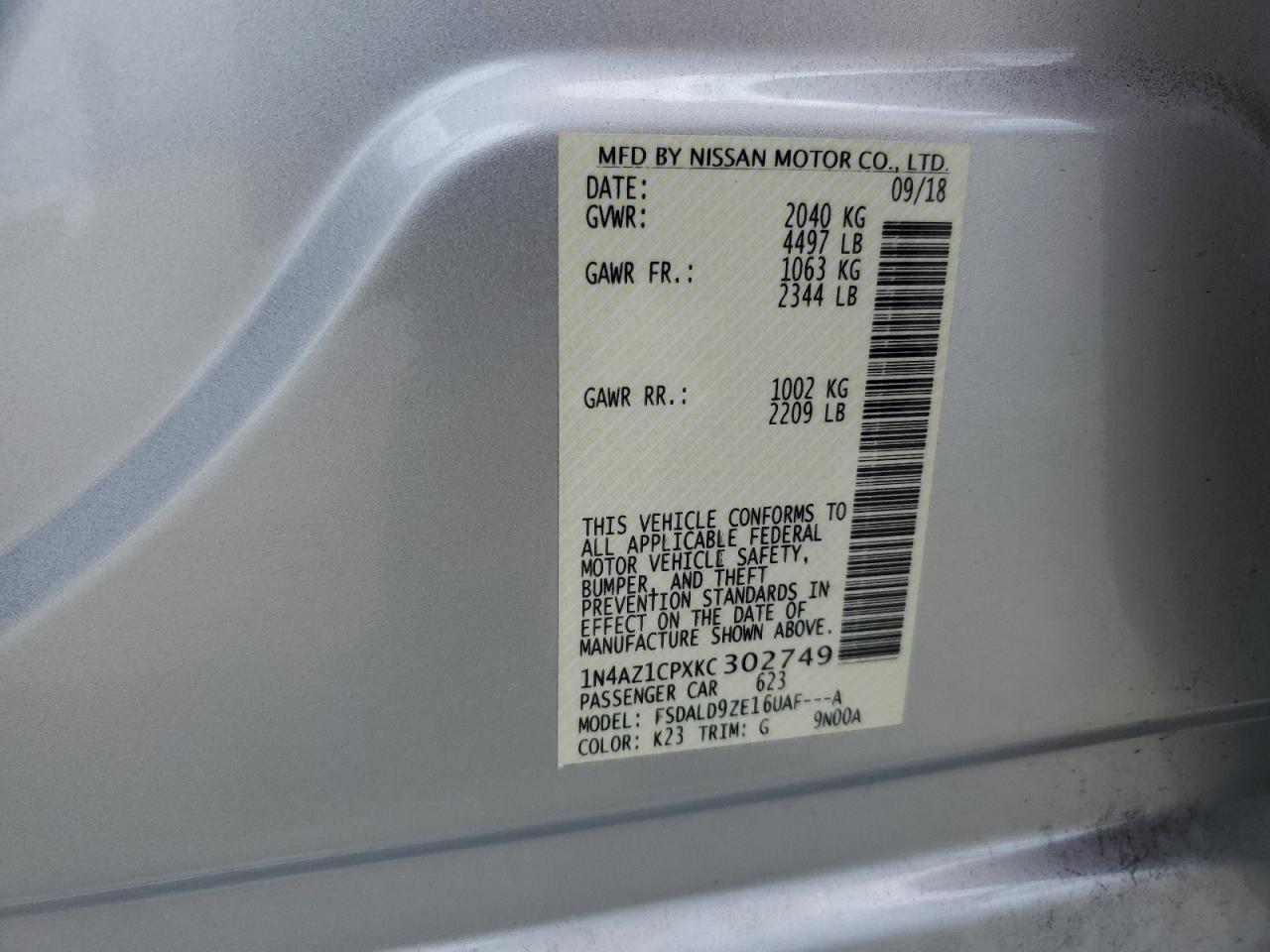1N4AZ1CPXKC302749 2019 Nissan Leaf S